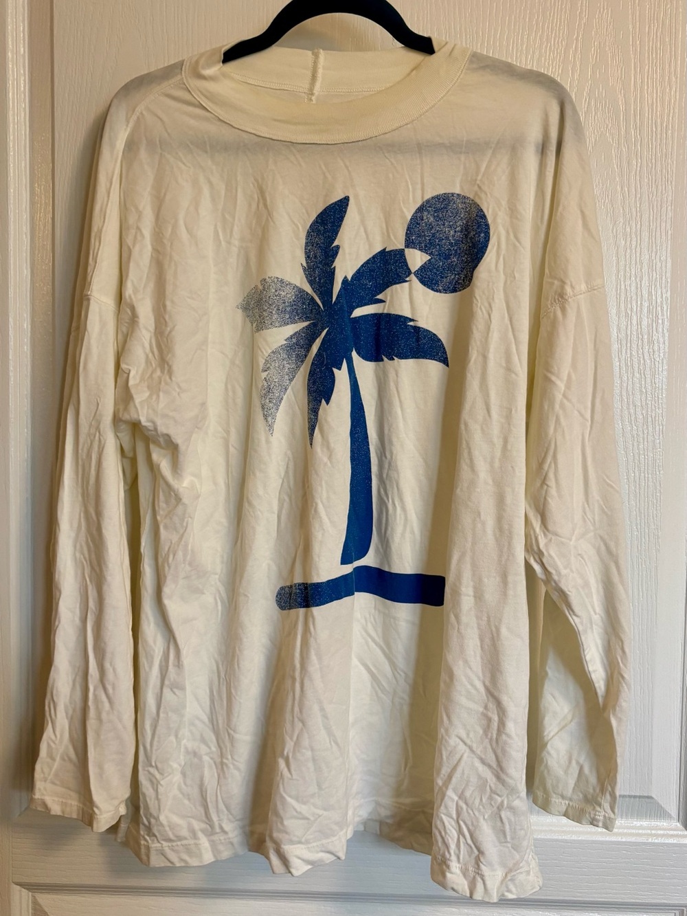 Free People Cream Long-Sleeve Tee with Blue Palm Graphic